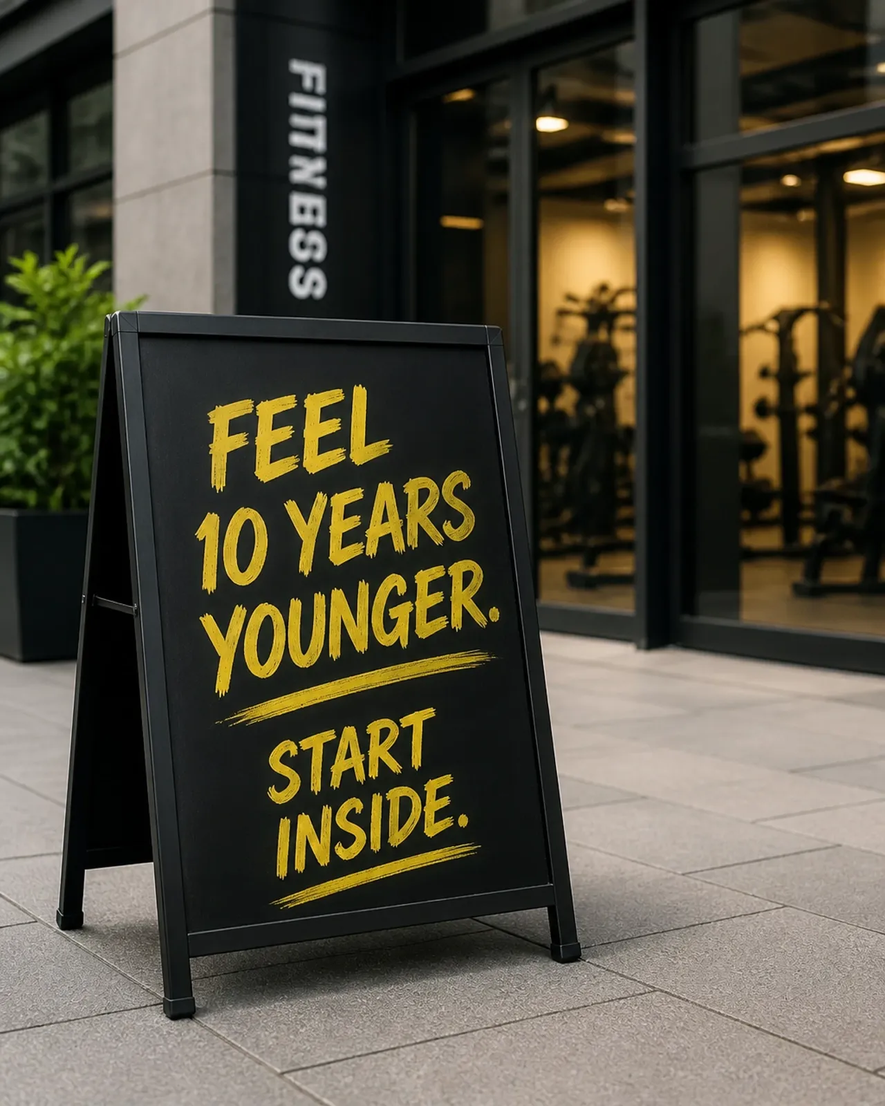 A-frame sign outside a fitness studio with outcome-based messaging