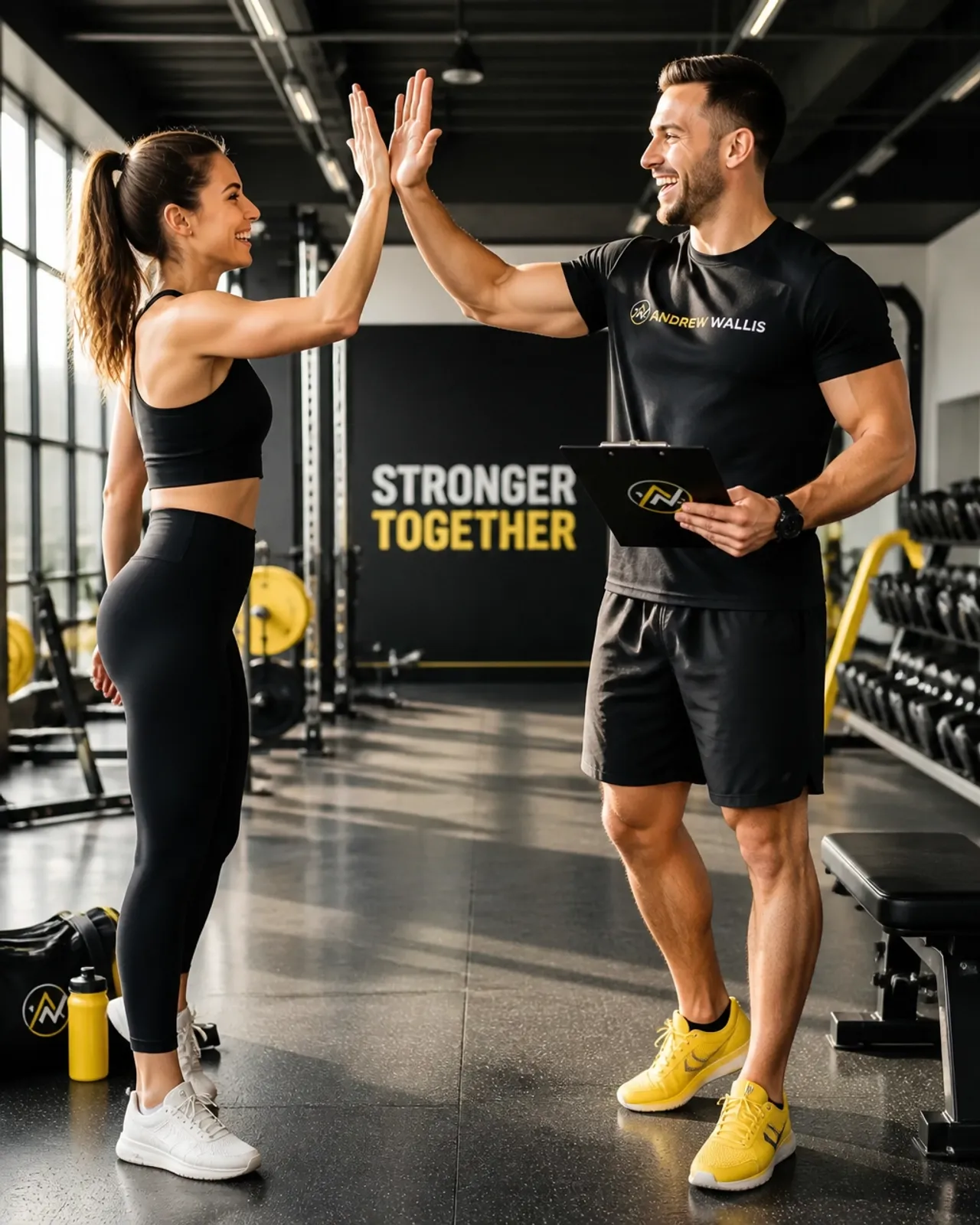 Happy trainer and client high-fiving in a bright studio