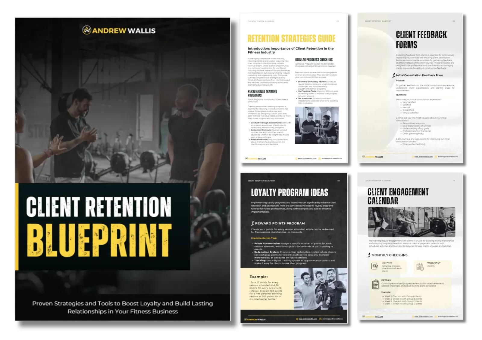 Visual overview of Andrew Wallis Consultancy’s “Client Retention Blueprint,” showing retention strategies guide and engagement calendar