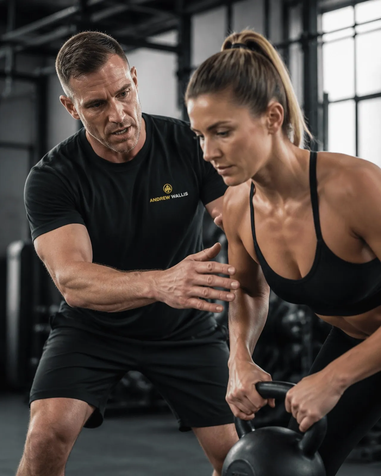 Personal trainer coaching a client in a high-end gym